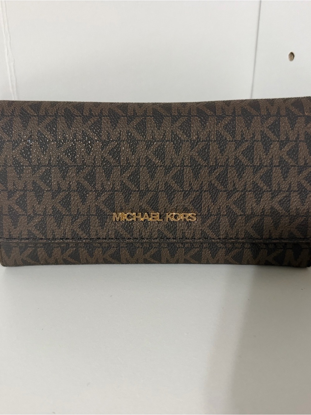 Michael Kors Brown Monogram Continental Wallet with Gold Logo